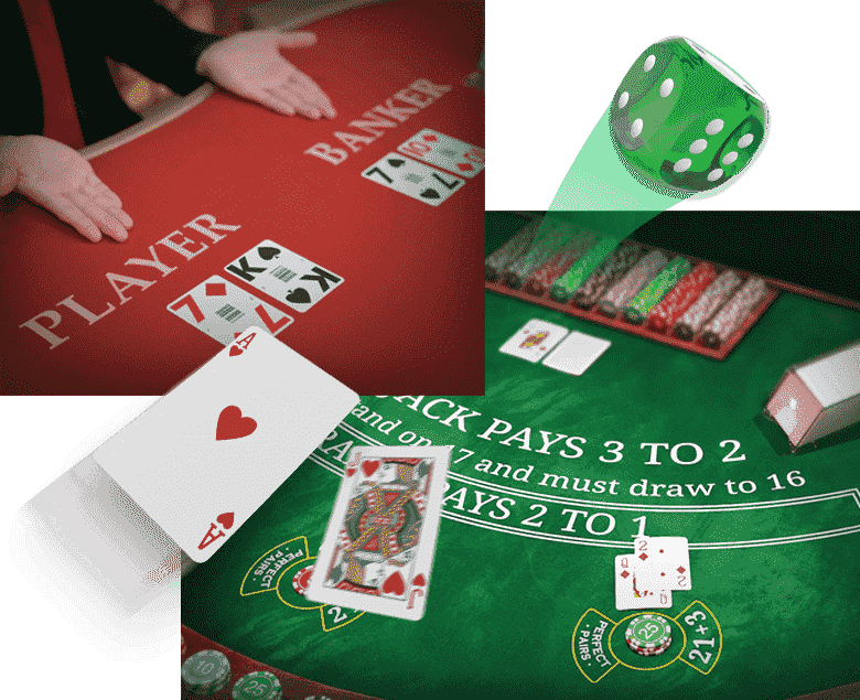 Cards and dice on the table in casino